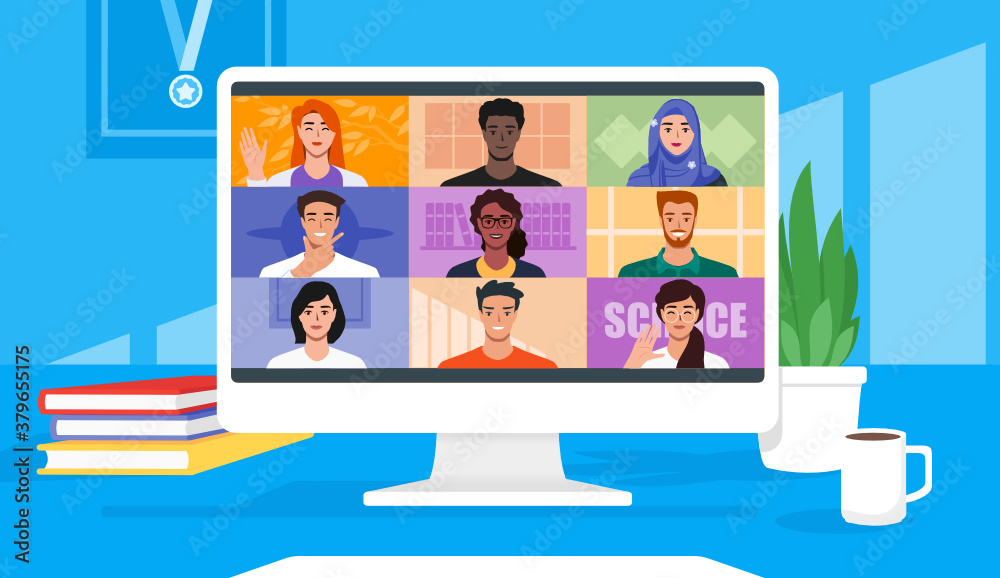 Multicultural Video Conference for Online Virtual Meetings, Work from Home WFH or Anywhere Concept. Teleconference TV Webinars or Remote Team Working. Vector Illustration in Flat Design Cartoon Style. Multicultural Video Conference for Online Virtual Meetings, Work from Home WFH or Anywhere Concept. Teleconference TV Webinars or Remote Team Working. Vector Illustration in Flat Design Cartoon Style.