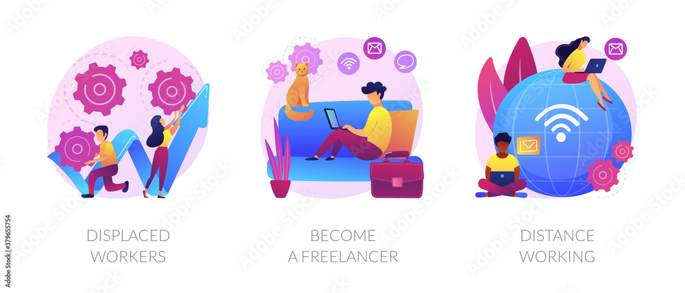 Unemployment and remote job opportunities abstract concept vector illustration set. Displaced workers, become a freelancer, distance working, entrepreneurship online, digital nomad abstract metaphor.