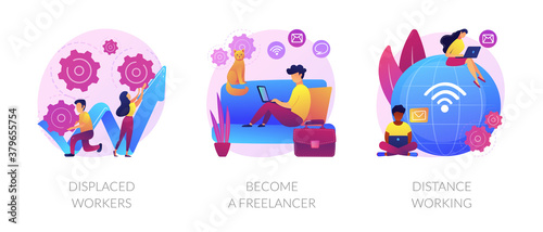 Unemployment and remote job opportunities abstract concept vector illustration set. Displaced workers, become a freelancer, distance working, entrepreneurship online, digital nomad abstract metaphor.