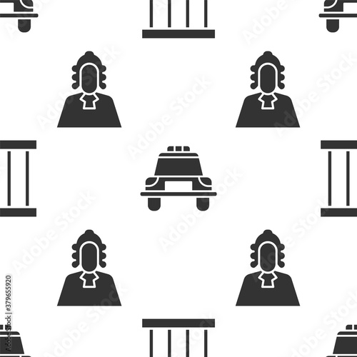 Set Prison window, Police car and flasher and Judge on seamless pattern. Vector.