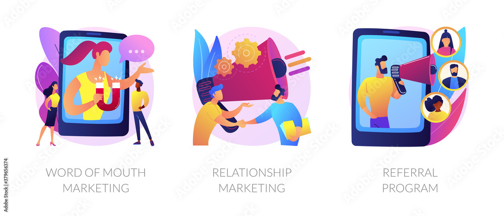 Customer oriented marketing strategy abstract concept vector illustration set. Word of mouth, relationship marketing, referral program, recommendation, brand loyalty, social media abstract metaphor.