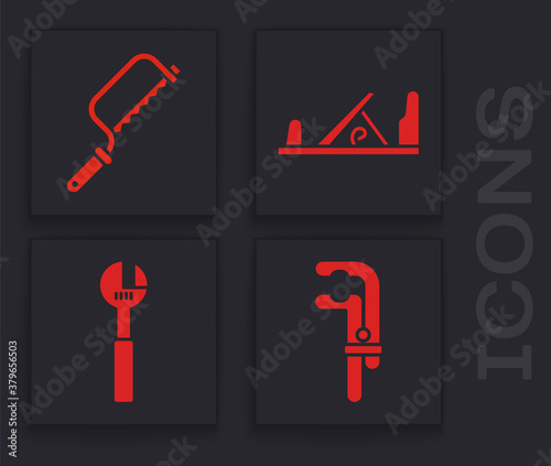Set Clamp tool, Hacksaw, Wood plane tool and Adjustable wrench icon. Vector.