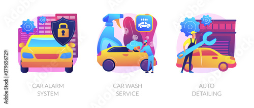 Automobile care service abstract concept vector illustration set. Car alarm system, car wash service, auto detailing, anti-theft, automatic wash, full service, vehicle detailing abstract metaphor.