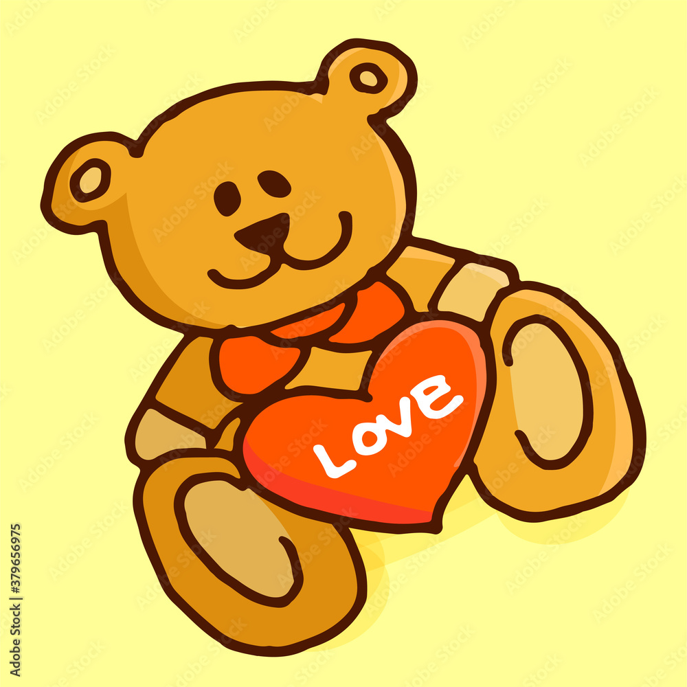 Vector illustration of cute teddy bear with heart isolated on yellow ...