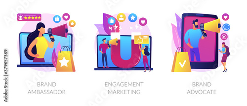 Internet marketing abstract concept vector illustration set. Brand advocate and ambassador, engagement marketing, brand representative, trademark, smm marketing strategy, awareness abstract metaphor.