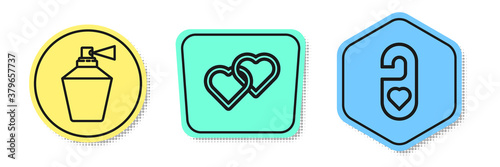 Set line Perfume, Two Linked Hearts and Please do not disturb with heart. Colored shapes. Vector.