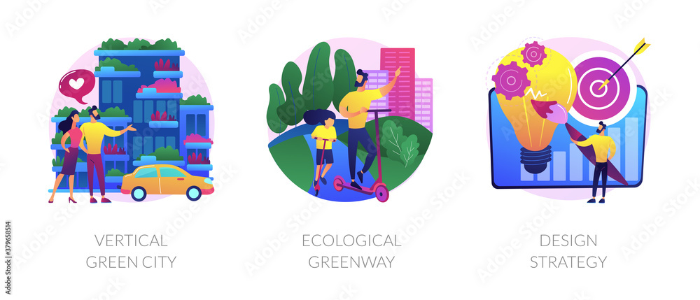 Fototapeta premium Environmental urban solutions abstract concept vector illustration set. Vertical green city, ecological greenway, design strategy, space-saving eco solution, landscape ecology abstract metaphor.