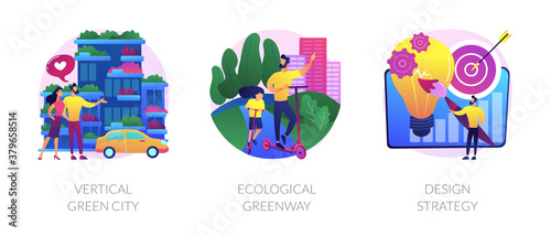 Environmental urban solutions abstract concept vector illustration set. Vertical green city, ecological greenway, design strategy, space-saving eco solution, landscape ecology abstract metaphor.