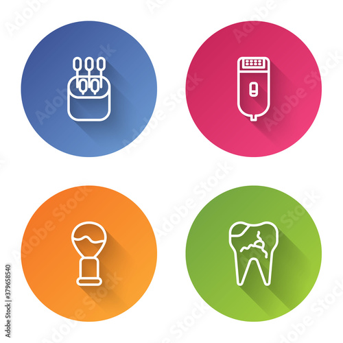 Set line Cotton swab for ears, Electrical hair clipper shaver, Shaving brush and Broken tooth. Color circle button. Vector.
