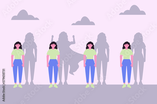 Inner strength vector concept: woman with superhero shadow standing with other woman with their shadow