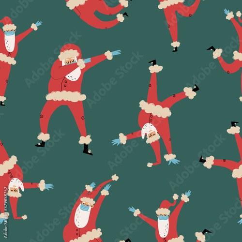 Fototapeta Naklejka Na Ścianę i Meble -  Happy dancing Santa Clauses in medical face mask and latex gloves in various pas like dabbing,jumping,break dance