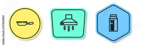 Set line Frying pan, Kitchen extractor fan and Paper package for milk. Colored shapes. Vector.