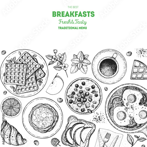 Breakfast top view illustration. Morning food menu design. Breakfast dishes collection. Vintage hand drawn sketch, vector illustration. Engraved style
