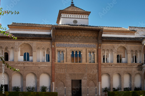 Seville, Spain; 06152020: Courtyard of The Royal Alcazar of Seville (Patio de la Montería)