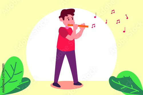 Kids musical vector concept: Boy playing flute with musical notes in the air