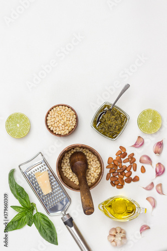 Ingredients for homemade pesto: basil leaves, parmesan, pine nuts