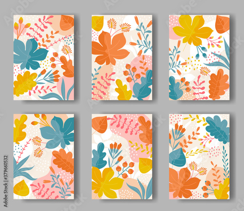 Set of six vector cards with colorful leaves ornament 