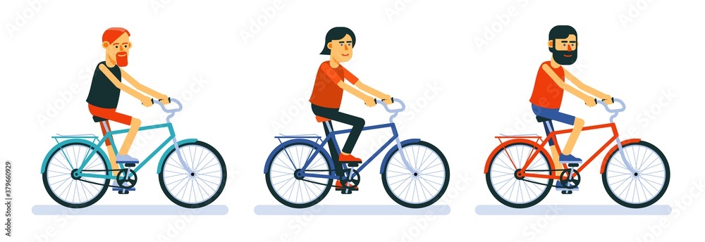Fototapeta premium Cyclists on bicycles cartoon style, different designs. Vector illustration.