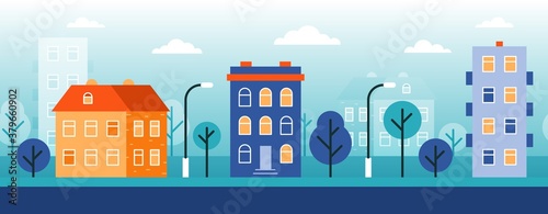 City flat landscape. Urban scenery. Abstract city street with houses and trees geometric background. Vector cartoon graphic design.