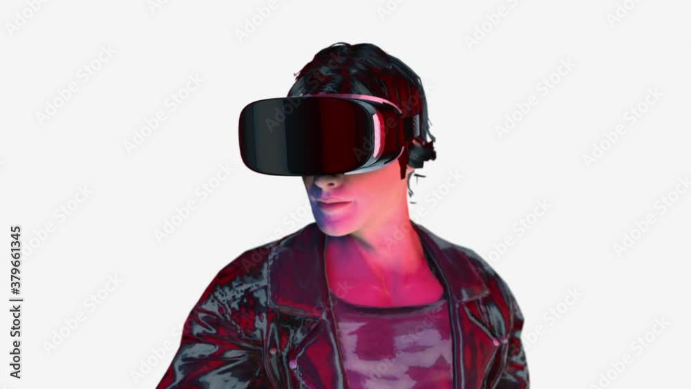 A man in cheerful mood wears futuristic jacket and VR 360 headset training for playing games in virtual reality, Concept future of humanity, 3D rendering animation. A man in cheerful mood wears futuristic jacket and VR 360 headset training for playing games in virtual reality, Concept future of humanity, 3D rendering animation.