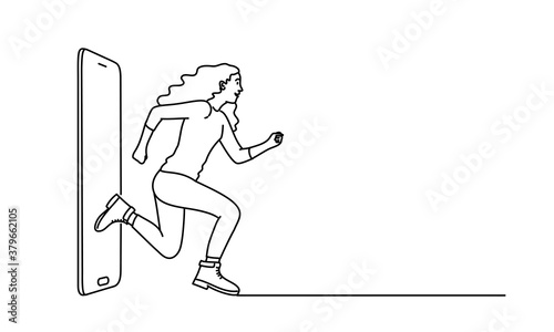 Girl running away from a mobile phone. Large amount of unnecessary information. Vector line.