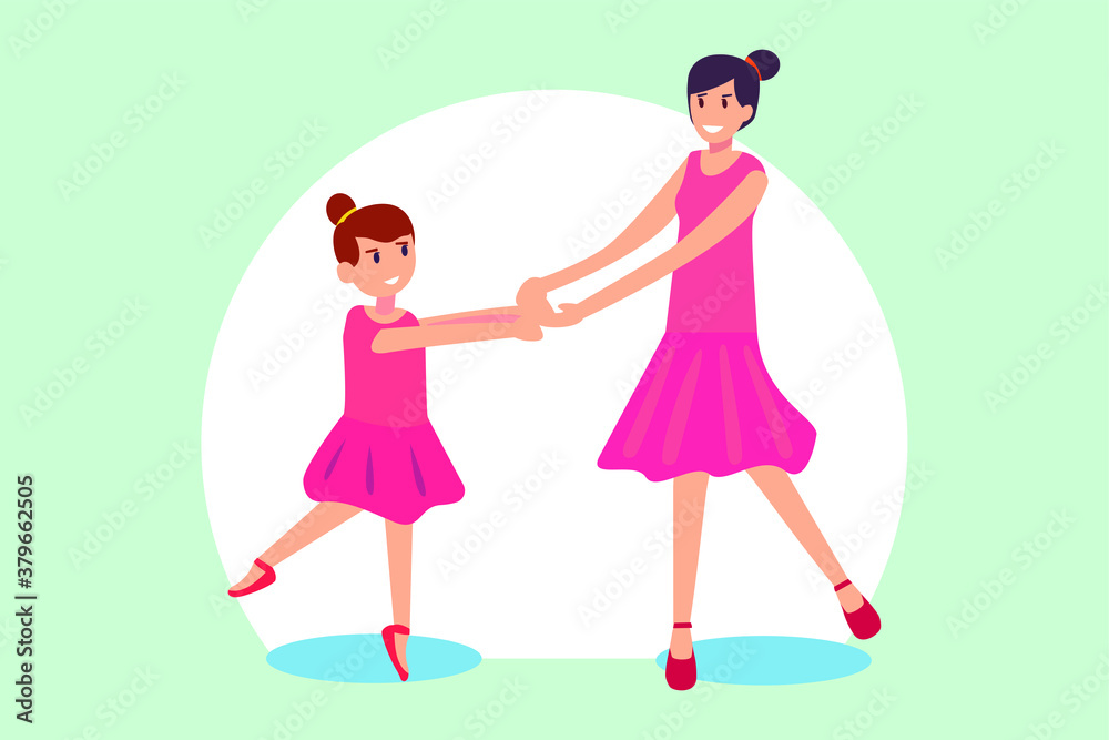 Ballerina vector concept: Little girl learning ballet with her teacher while wearing ballerina costume