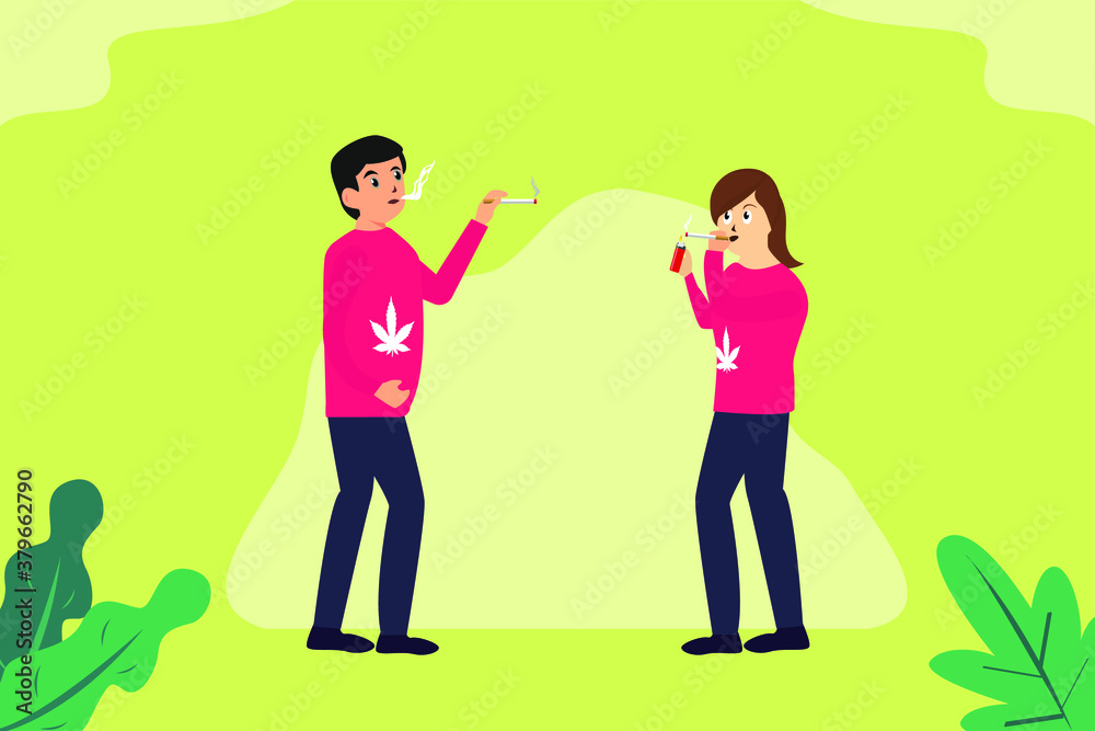 Addiction of cannabis vector concept: Male and female teenagers addicted of cannabis while smoking cannabis together Addiction of cannabis vector concept: Male and female teenagers addicted of cannabis while smoking cannabis together