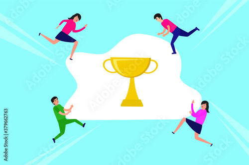 Business competition vector concept: Businesspeople competing to get gold trophy 