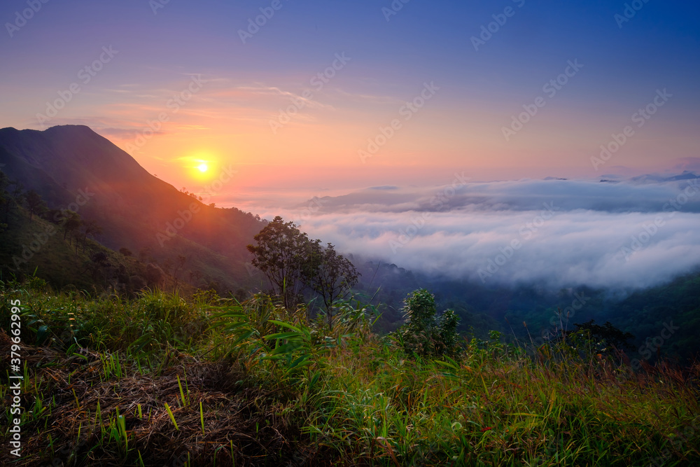 Khao Chang Phueak Mountain with sunrise in the morning, Popular Mountain Trekking in Kanchanaburi, Thailand