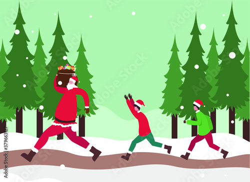 Christmas vector concept: Happy children chasing santa claus while carrying a sack of gifts 