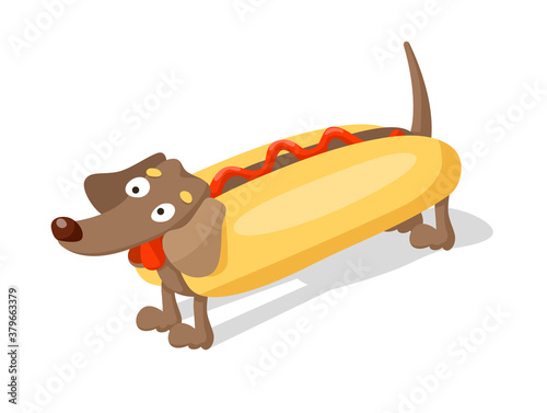 Cute cartoon dachshund dog wearing a hot dog costume. Vector illustration isolated on white background.