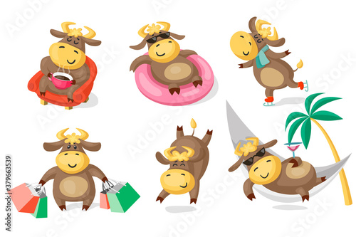 Fototapeta Naklejka Na Ścianę i Meble -  Funny cows and bulls, a symbol of the new year 2021, in various poses. Relaxing, swimming, resting and having fun. Set of vector cartoon illustrations isolated on white background.