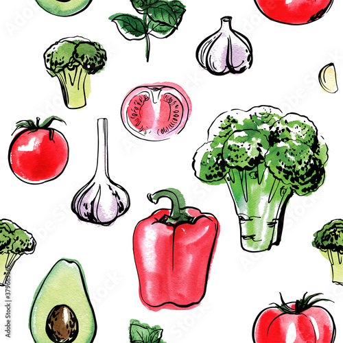 Vector pattern sketch of vegetables. Color sketch of food