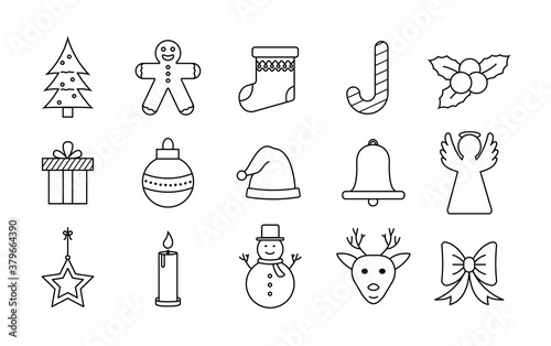 Christmas gifts in line style. Icons of presents for xmas. Outline of thin elements for offer, discount and pack. Decoration for surprises. Card of holiday with box, tree, ribbon, bow, bell. Vector