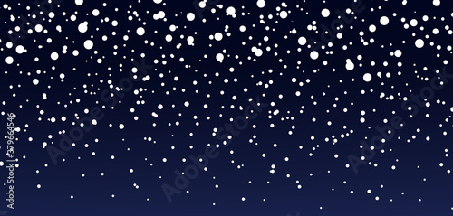 Snow background. Blue sky at night. Christmas snowfall in winter. Falling of snowflake. Starry fall. Pattern with magic snowstorm. White frozen storm. Texture for winter holiday or starry sky. Vector