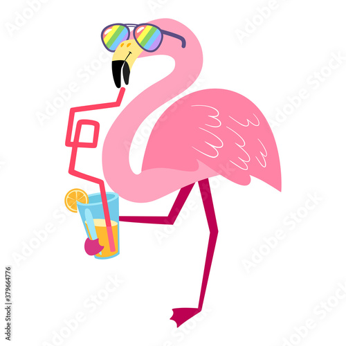 Cartoon pink flamingo isolated on white background. Tropical bird Summer vector illustration with a funny character for children's books, print, fabric, poster, postcard.