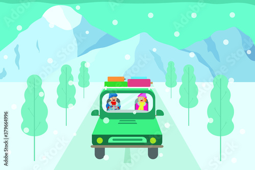 Winter travel trip vector concept: Happy couple enjoying winter traveling by car on the road during snowy day