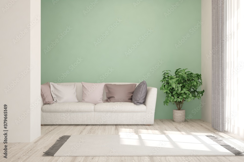 White living room with sofa. Scandinavian interior design. 3D illustration