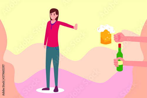 Refusing alcohol vector concept: Woman refusing more alcohol from beer glass and bottle
