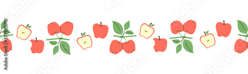 Positive seamless border with red apples. Set of vector fruit isolated on white background. Line pattern. Endless ornament. Design template. Modern illustration in flat cartoon style. Print, wallpaper
