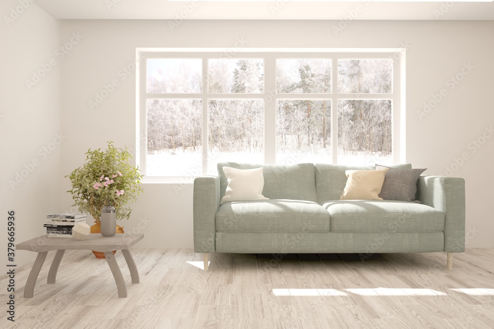 White living room with sofa and winter landscape in window. Scandinavian interior design. 3D illustration