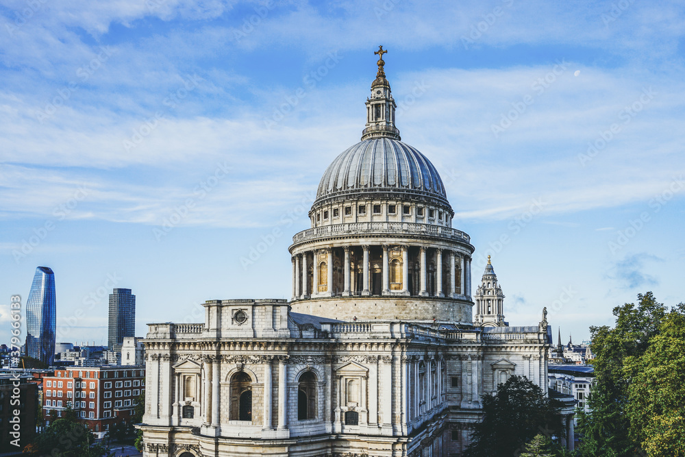 Top of Saint Paul Cathedral viewed from One New Change mall in City of London, England