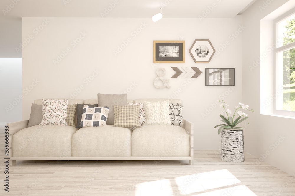 Fototapeta premium White living room with sofa. Scandinavian interior design. 3D illustration
