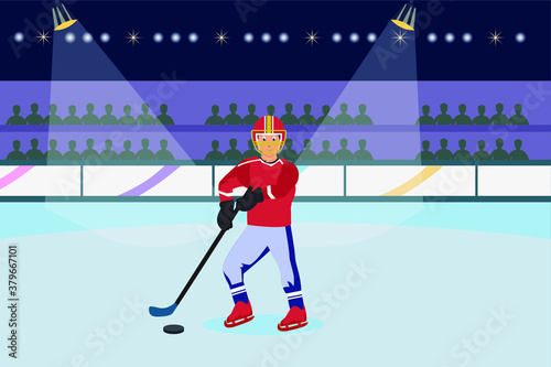 Hockey vector concept: Ice hockey player shoots the puck with stick in the stadium