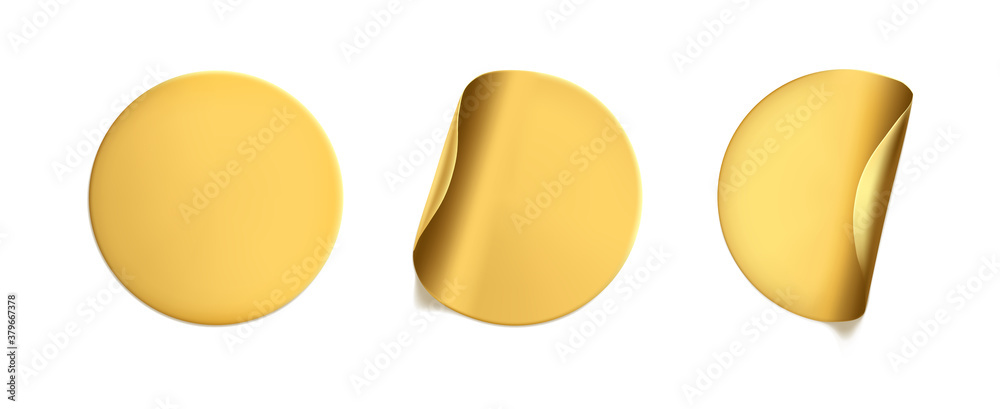 Gold round crumpled stickers with peeling corner mock up set. Adhesive golden foil or plastic sticker label with wrinkled effect on white background. Blank template label tags. 3d realistic vector Gold round crumpled stickers with peeling corner mock up set. Adhesive golden foil or plastic sticker label with wrinkled effect on white background. Blank template label tags. 3d realistic vector
