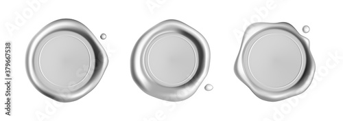 Silver wax seal stamp set isolated on white background. Realistic guaranteed stamps. Realistic 3d vector illustration