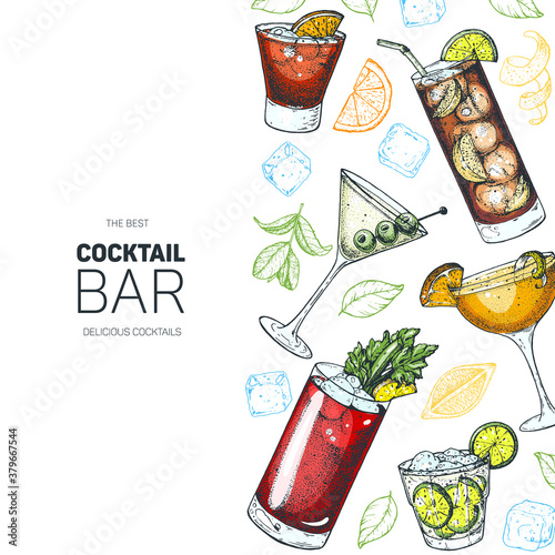 Alcoholic cocktails hand drawn vector illustration. Cocktails set. Menu design elements. Bloody mary, dry martini, caipiroska, sidecar, long island iced tea.