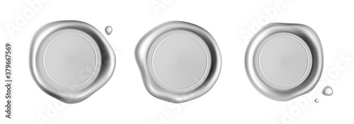 Silver wax seal stamp set isolated on white background. Realistic guaranteed stamps. Realistic 3d vector illustration
