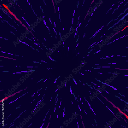 Pixel cosmic background. Pixel art hyper jump, speed of light, fireworks, falling star. Pixel art 8 bit. 