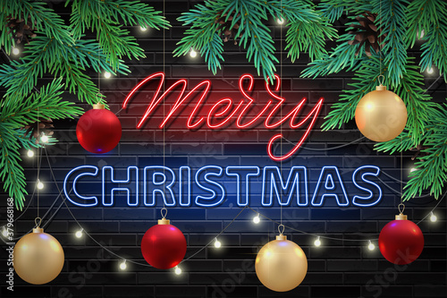 Merry Christmas greeting card or banner  website. Neon letters effect
